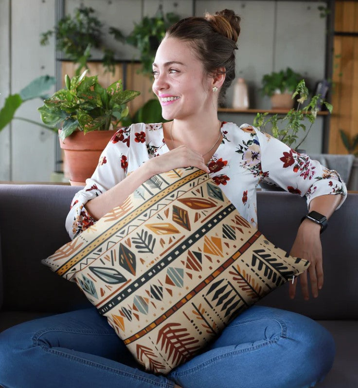 Earth Tones Boho Tribal Pillow | Contemporary Faux Suede Square Accent