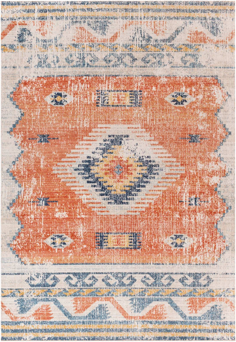 Southwestern Boho Tribal Area Rug - Orange and Blue Geometric Design