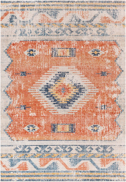 Southwestern Boho Tribal Area Rug - Orange and Blue Geometric Design