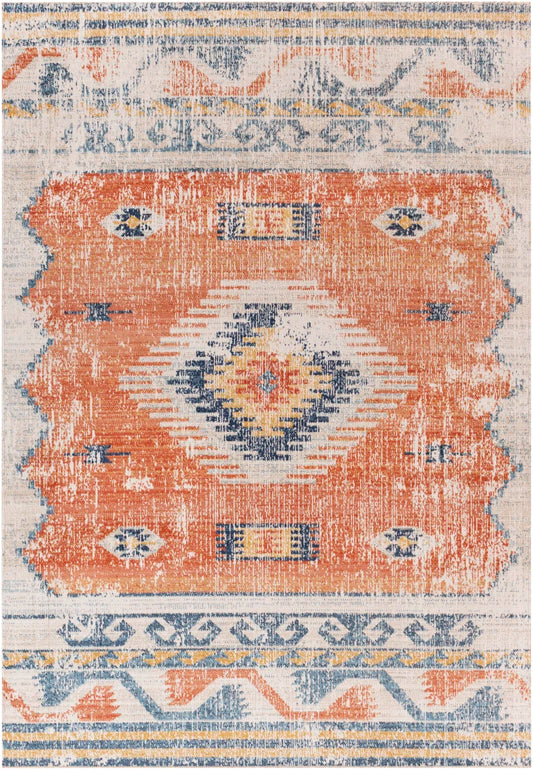 Southwestern Boho Tribal Area Rug - Orange and Blue Geometric Design