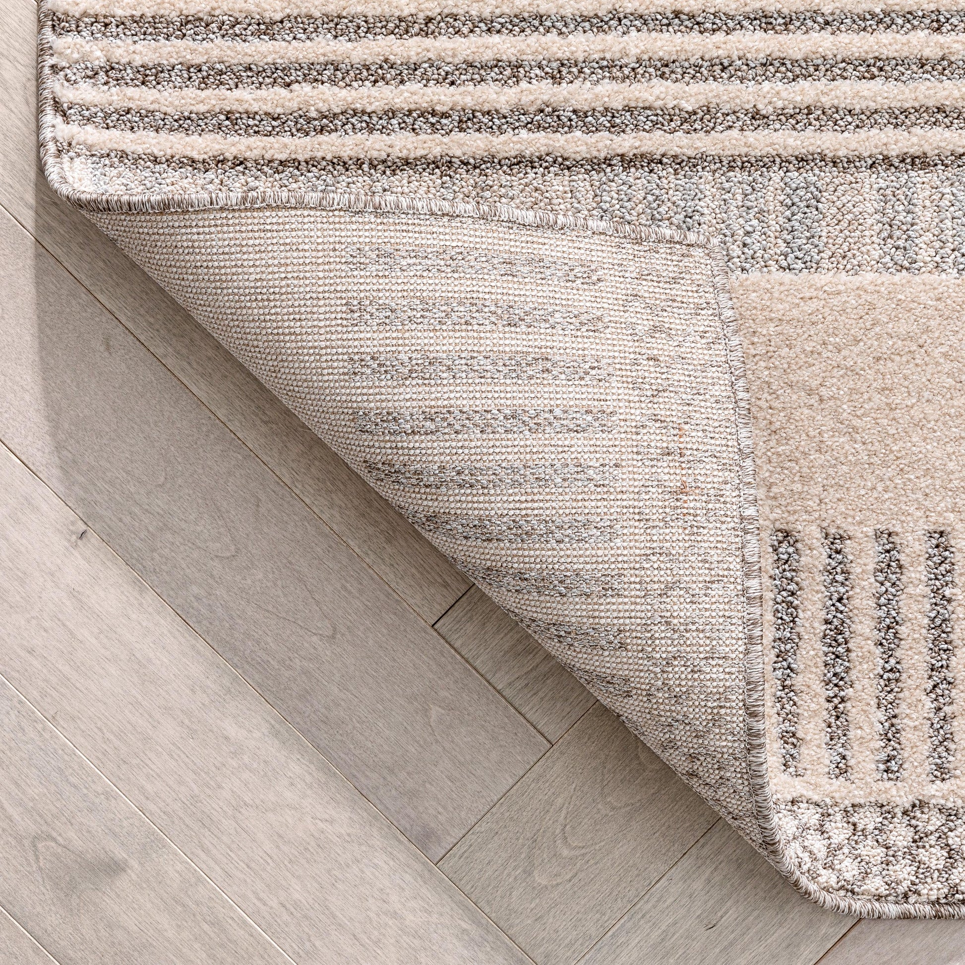 Boho Patchwork Harmony Rug - Soft Beige and Gray Linear Patterns