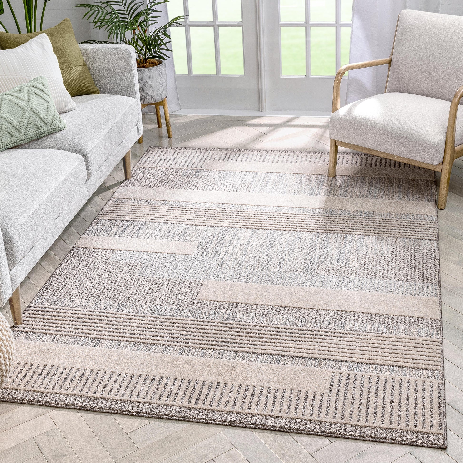 Boho Patchwork Harmony Rug - Soft Beige and Gray Linear Patterns