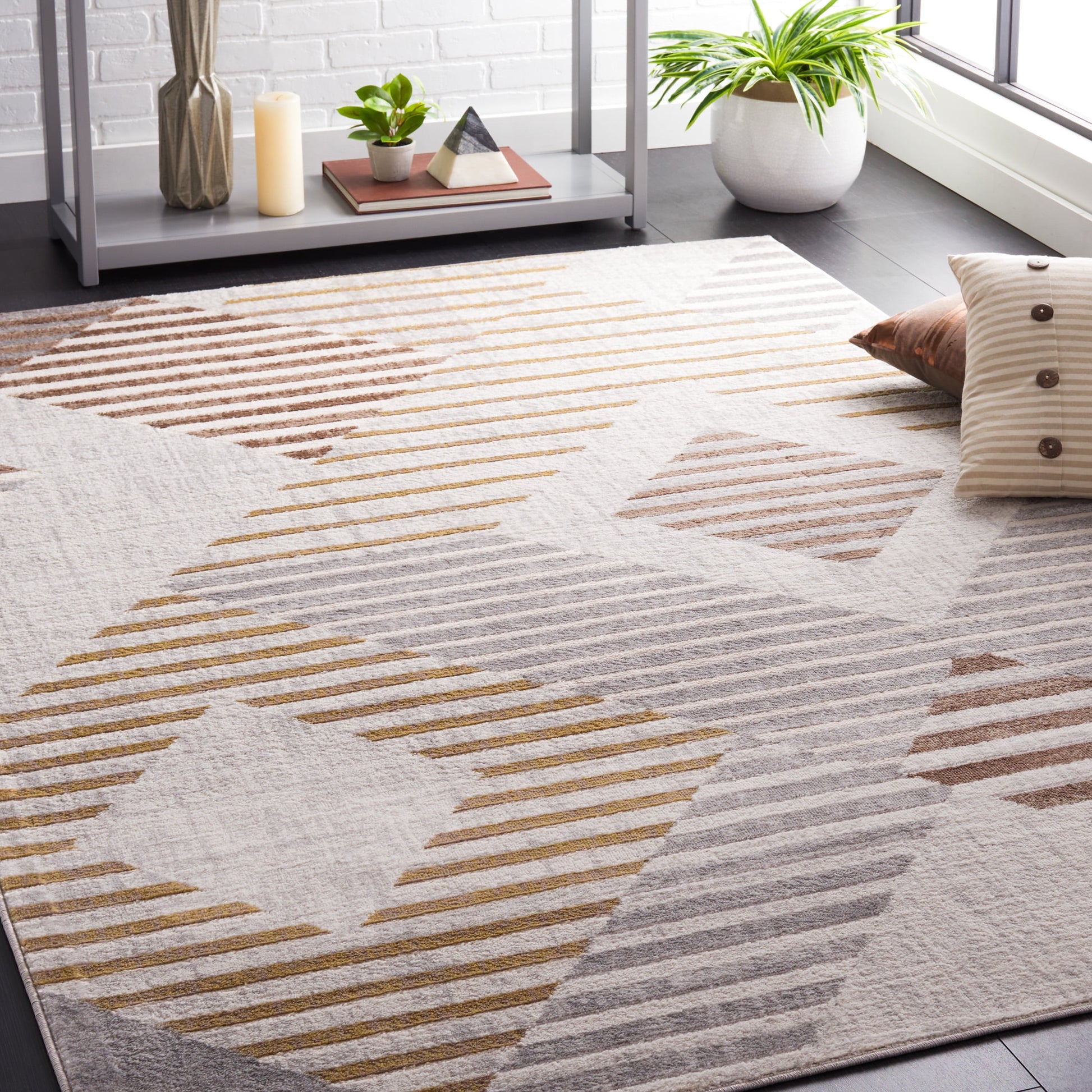 Boho Earthy Tones Geometric Rug - Neutral Striped Diamond Patterns