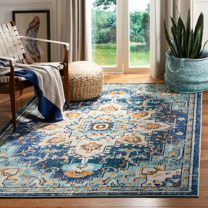 Vintage Boho Chic Medallion Area Rug - Blue and Teal Floral Pattern