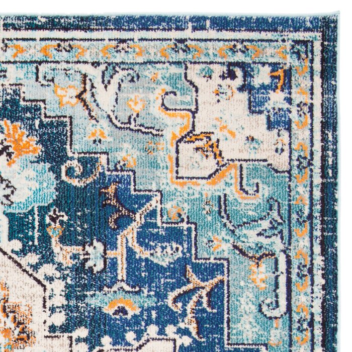 Vintage Boho Chic Medallion Area Rug - Blue and Teal Floral Pattern