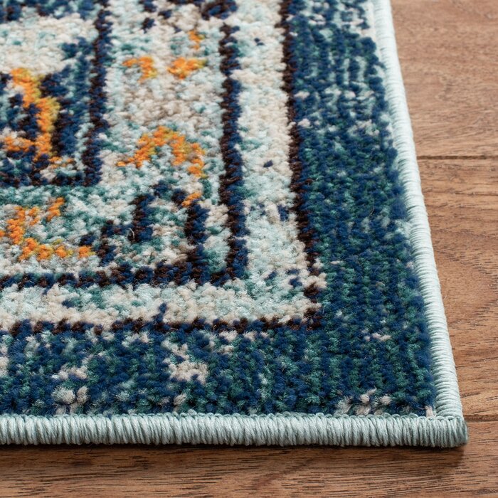 Vintage Boho Chic Medallion Area Rug - Blue and Teal Floral Pattern