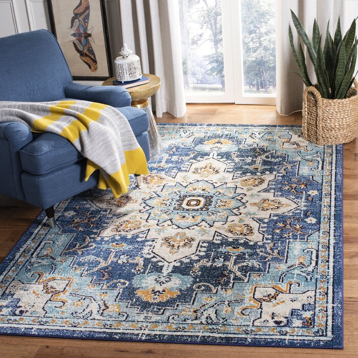 Vintage Boho Chic Medallion Area Rug - Blue and Teal Floral Pattern