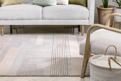 Boho Patchwork Harmony Rug - Soft Beige and Gray Linear Patterns