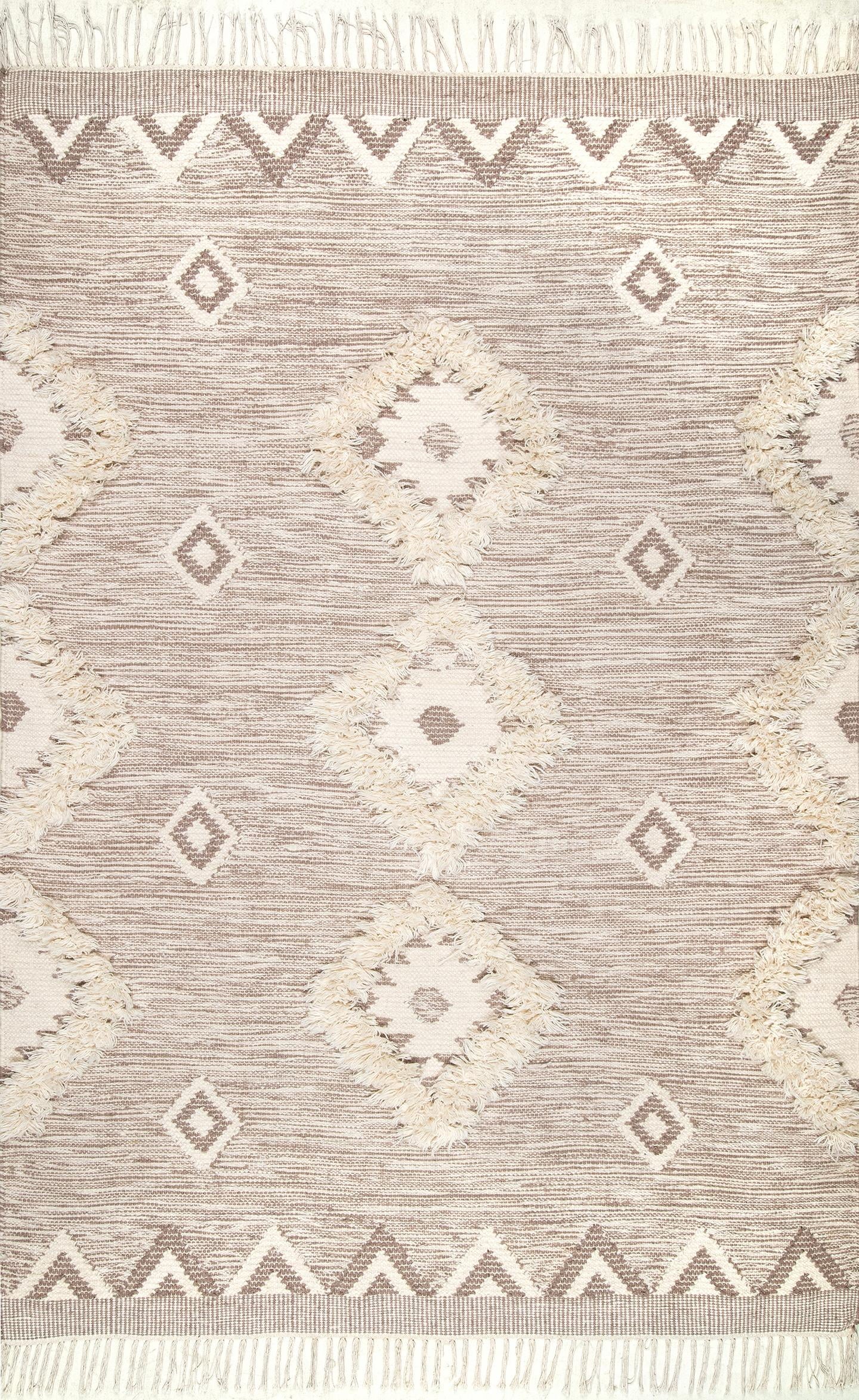 Boho Shag Diamond Fringe Rug - Beige Textured Design