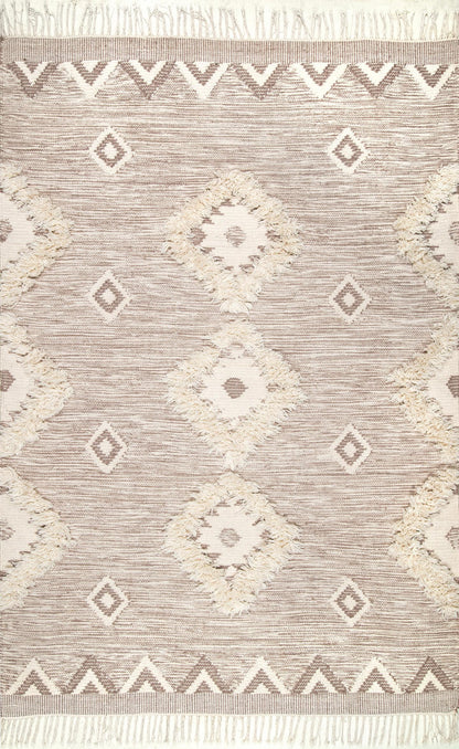 Boho Shag Diamond Fringe Rug - Beige Textured Design