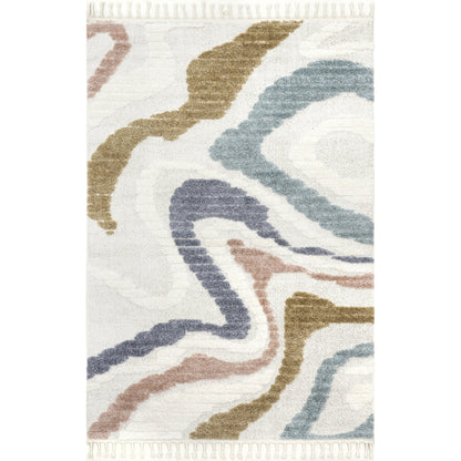 Boho Serenity Shag Rug - Wavy Multicolor Pastel Design with Fringe