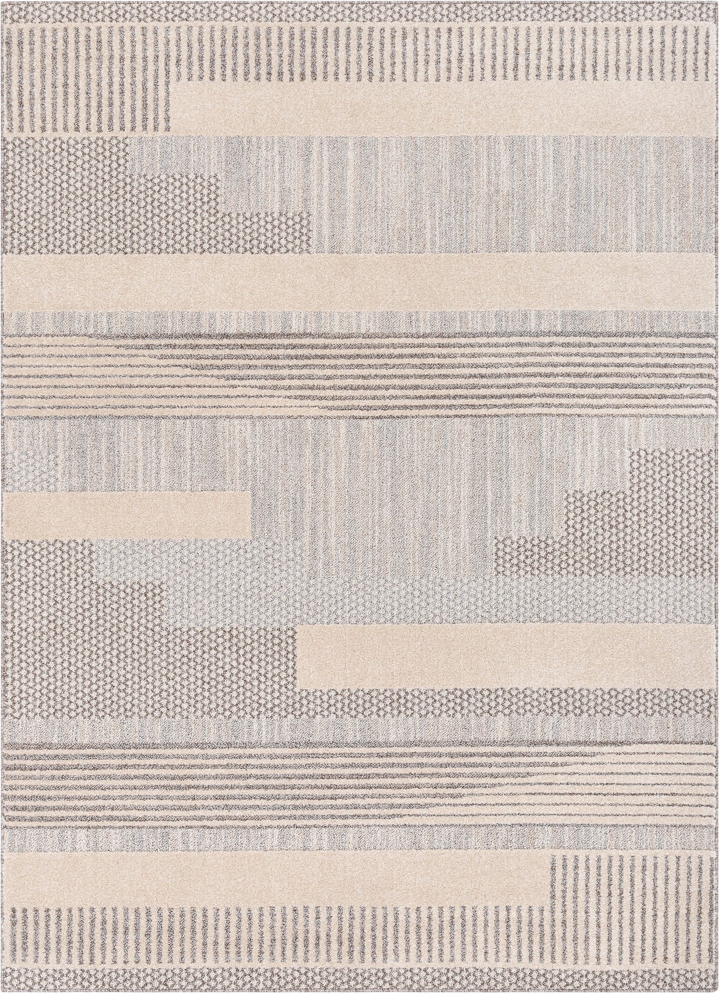 Boho Patchwork Harmony Rug - Soft Beige and Gray Linear Patterns