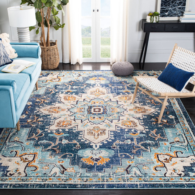 Vintage Boho Chic Medallion Area Rug - Blue and Teal Floral Pattern