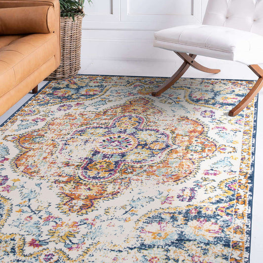 Colorful Vintage Boho Floral Medallion Rug - Vibrant Multi-Color Pattern