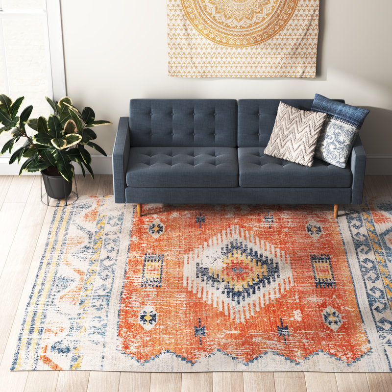 Southwestern Boho Tribal Area Rug - Orange and Blue Geometric Design