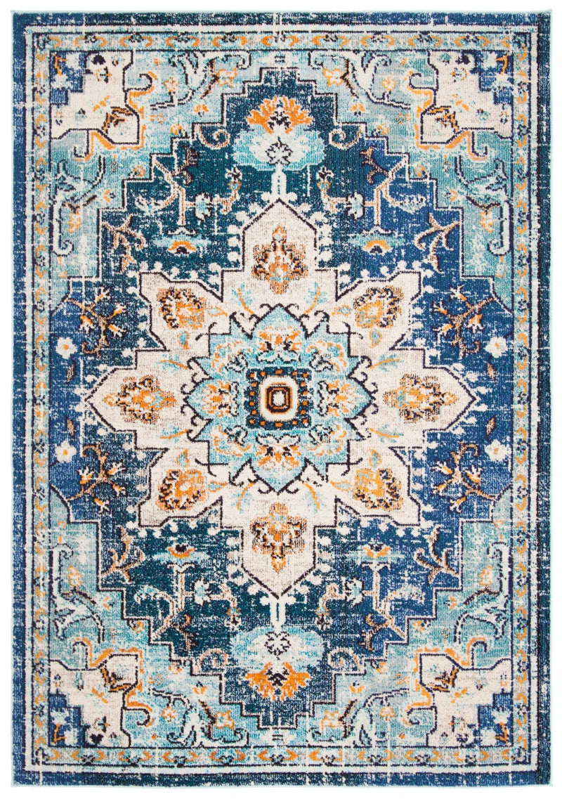 Vintage Boho Chic Medallion Area Rug - Blue and Teal Floral Pattern