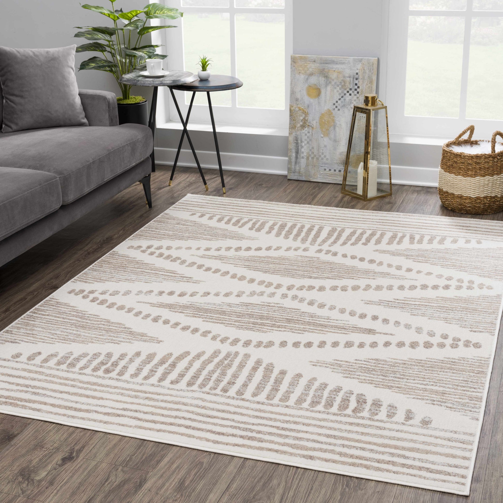 Boho Linear Pattern Rug - Ivory, Beige, Gray