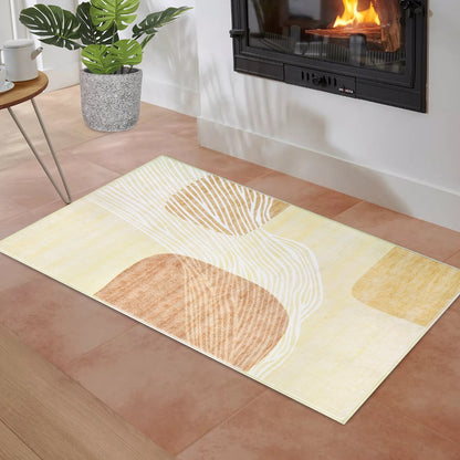 Boho Earth Tones Wave Rug - Yellow Beige Organic Shapes