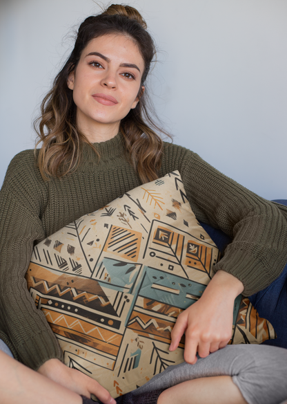 A woman hugs a boho pillow in earth tones