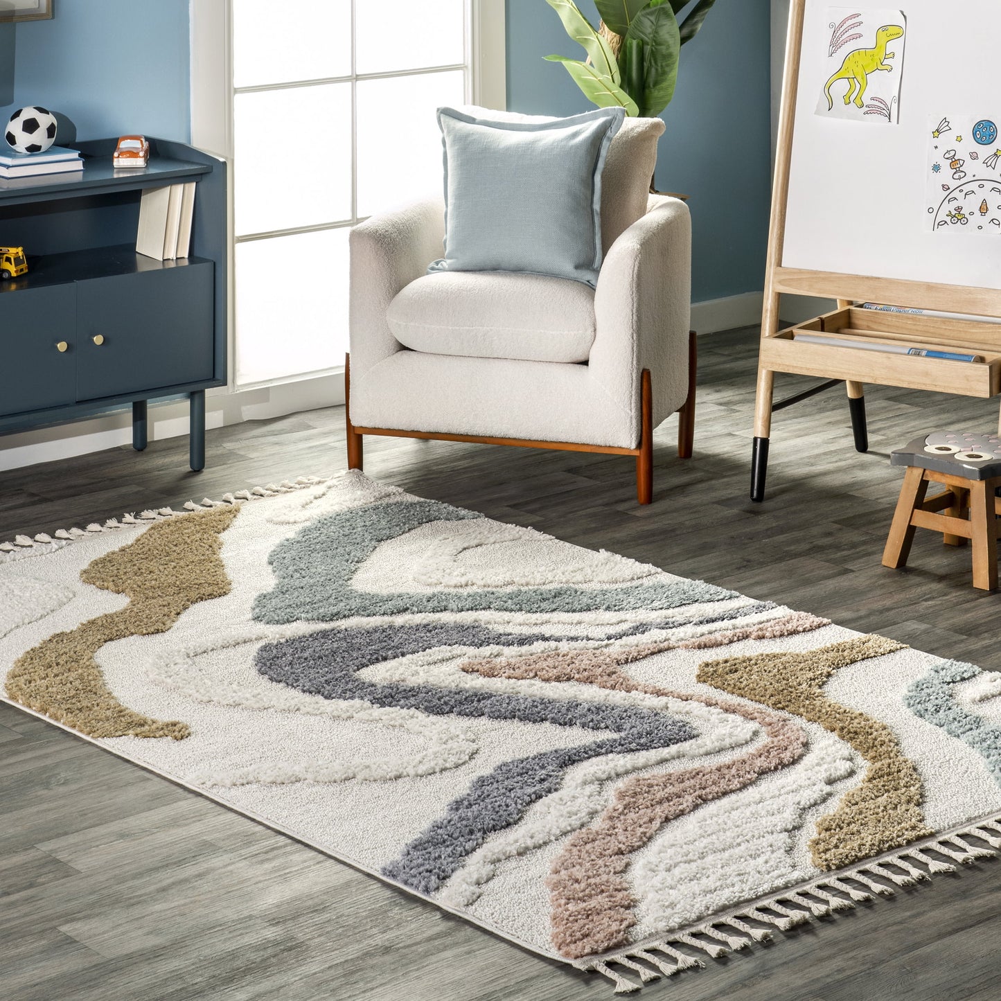 Boho Serenity Shag Rug - Wavy Multicolor Pastel Design with Fringe