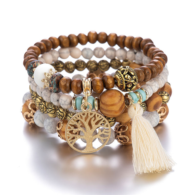 Multilayer Wooden Stretch Bracelet with Tree of Life Pendant | Timeless Elegance