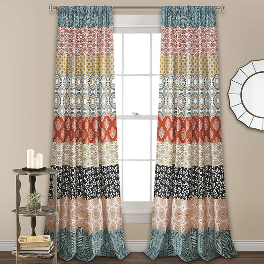 Lush Stripe Boho Curtain Colorful 2 Panels Set - Turquoise and Orange