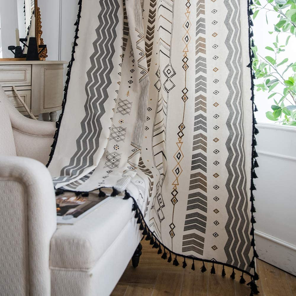 Cotton Tribal Folk Geometric Tassel Window Curtains, 2 Panels  - Beige