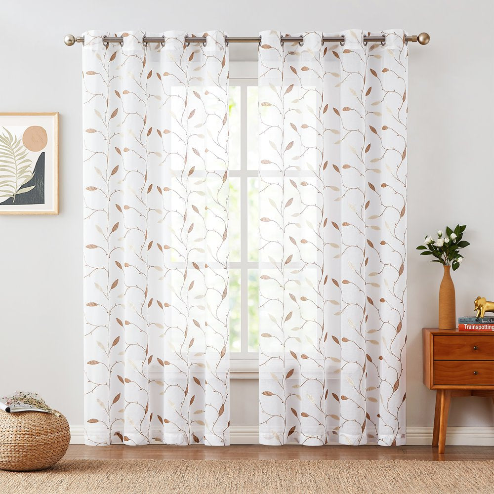 Leaf Embroidery Grommet Sheer Curtains 2 Panels