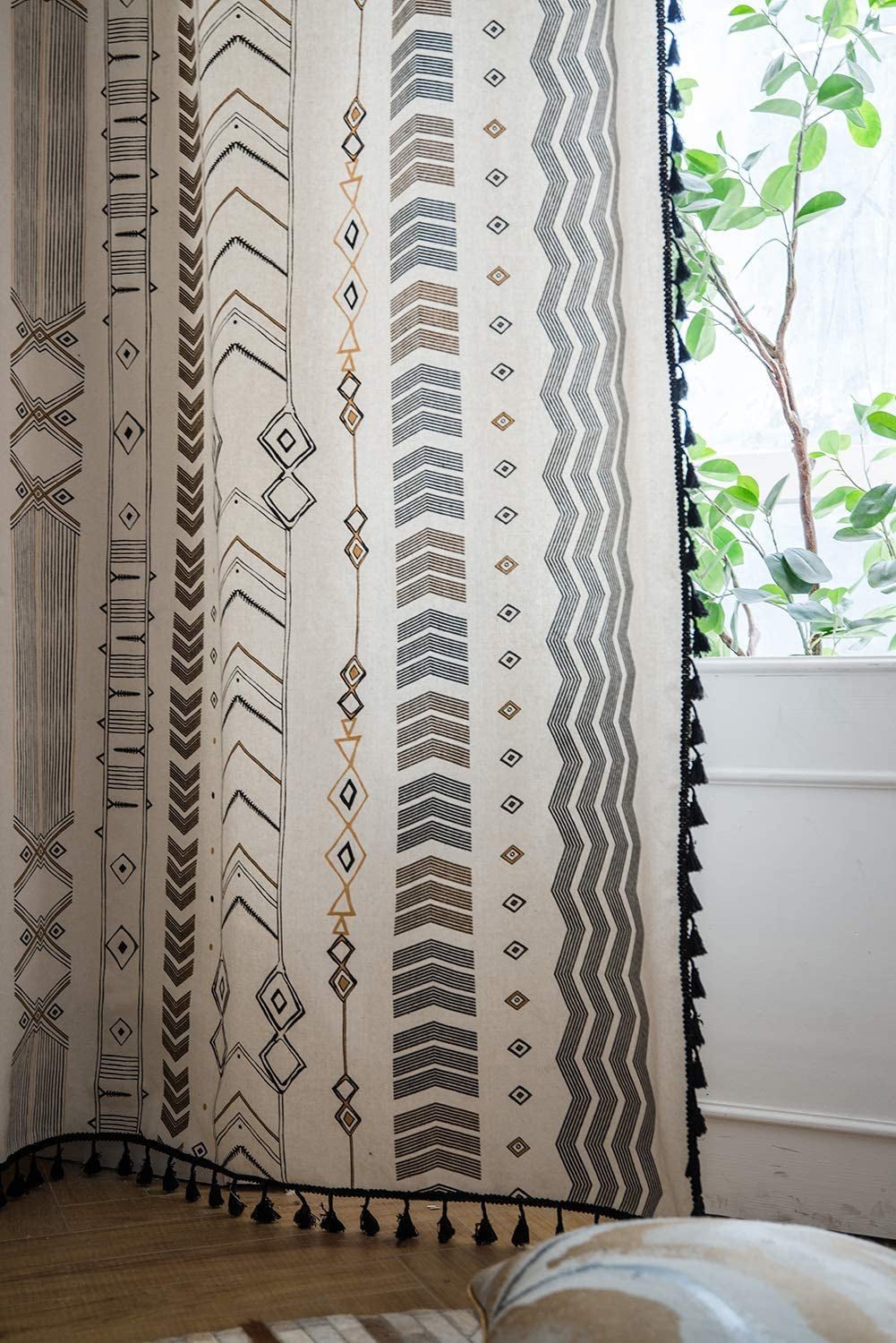 Cotton Tribal Folk Geometric Tassel Window Curtains, 2 Panels  - Beige