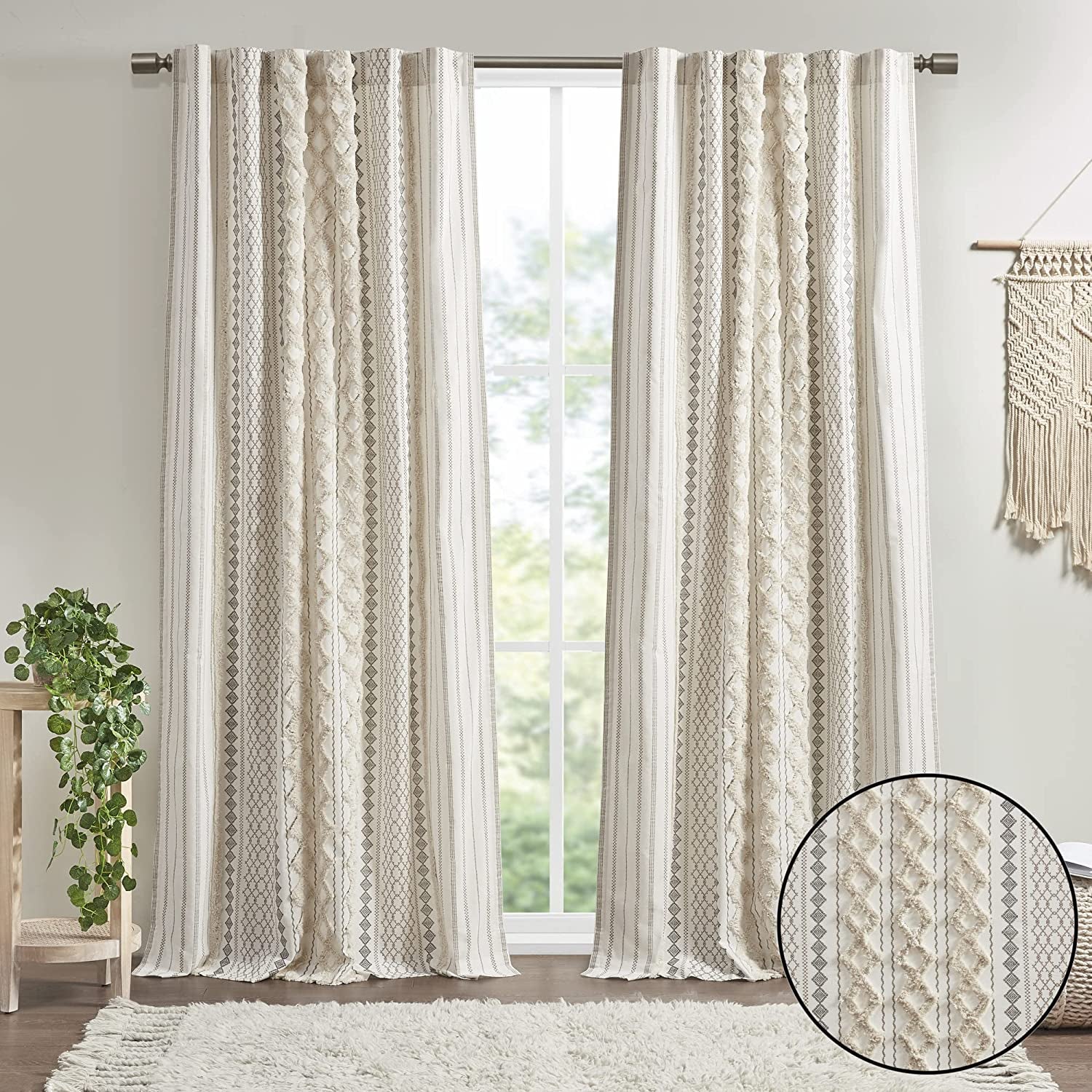 Cotton Single Panel Curtain Geometric Print - Ivory