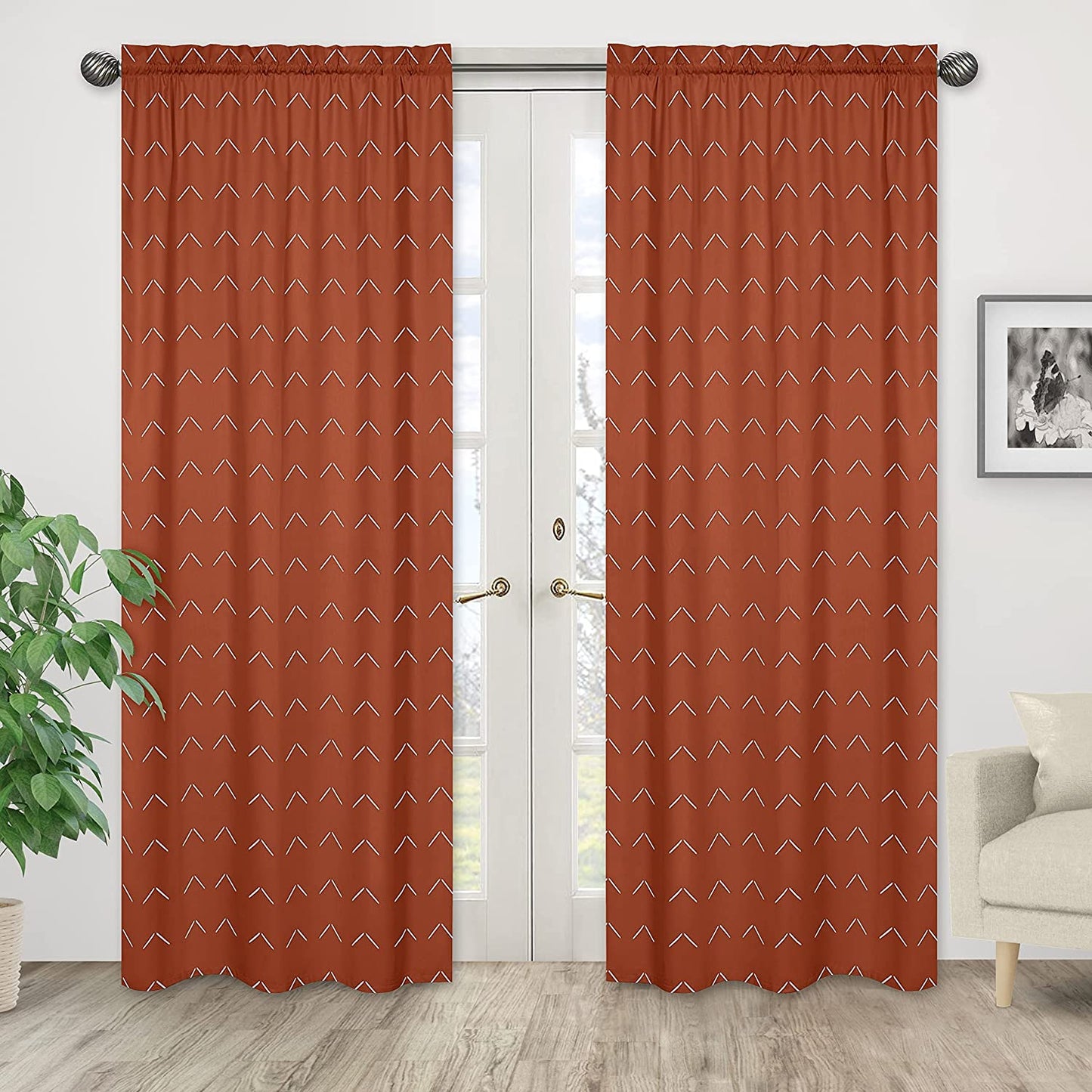 Boho Arrow Treatment Curtains 2 Panels - Ivory Burnt Orange Rust off White