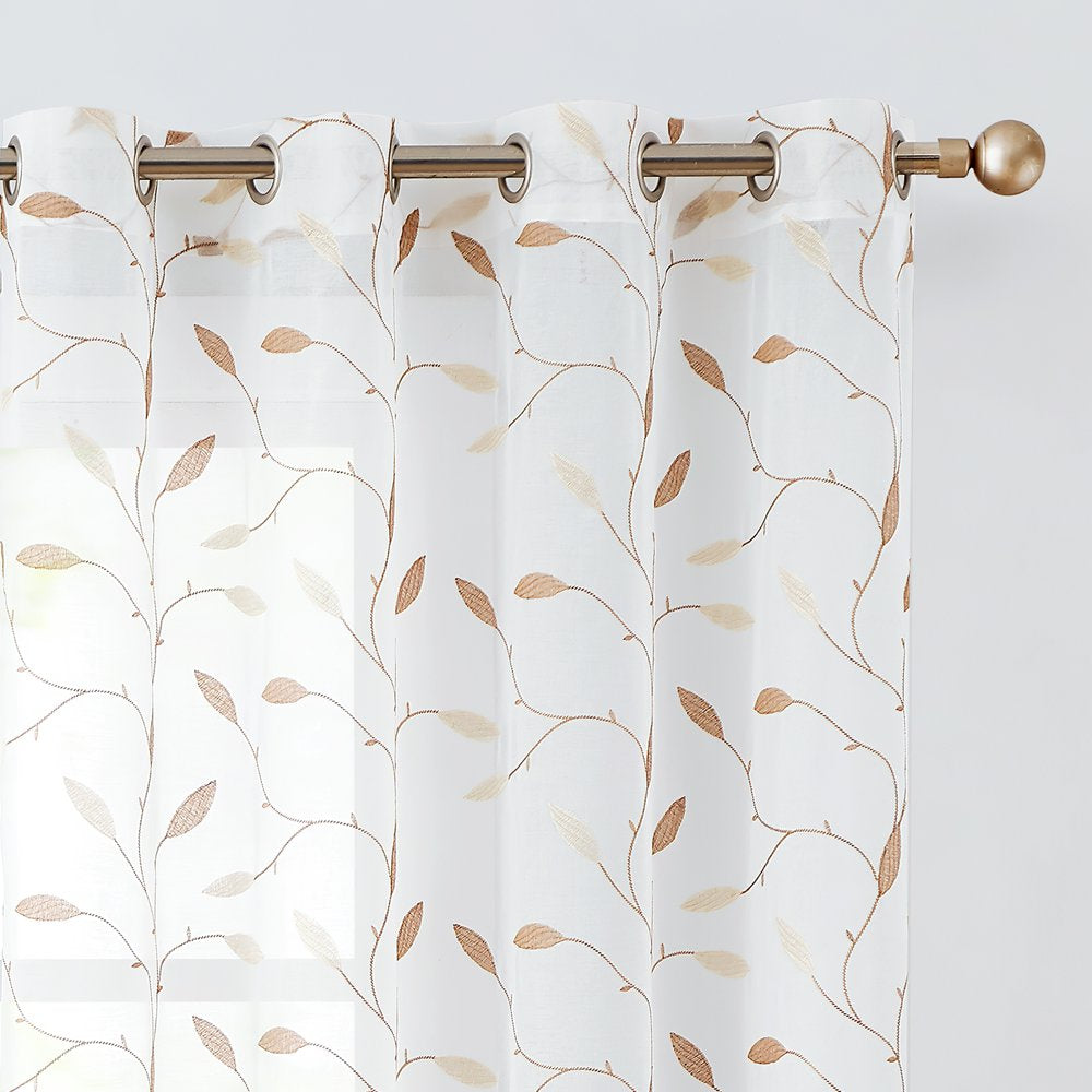 Leaf Embroidery Grommet Sheer Curtains 2 Panels