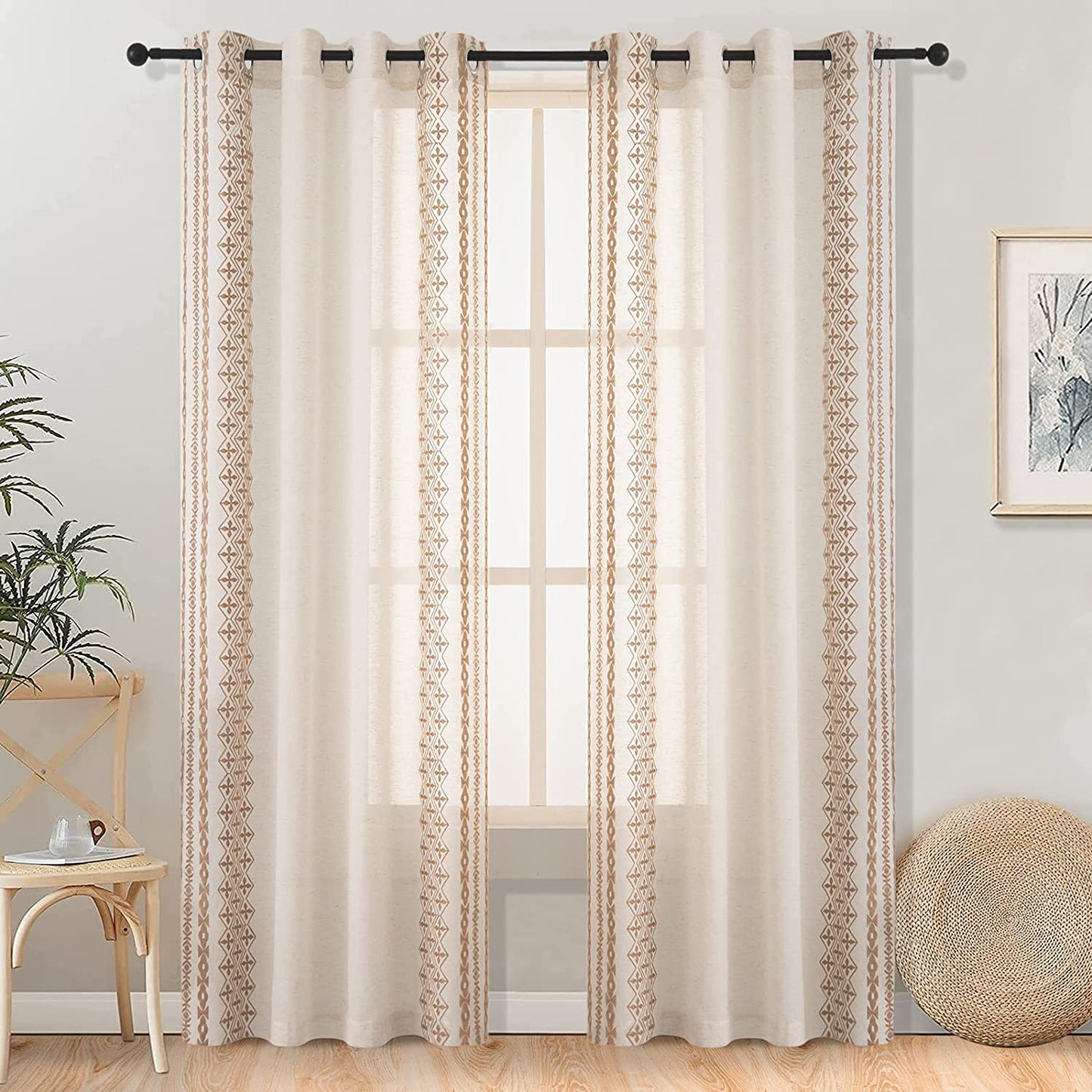 Tan Linen Textured Sheer Drapes 2 Panels - Taupe