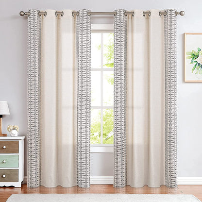 Bordered Boho Curtains Embroidered Drapes 2 Panels - Grey on Beige