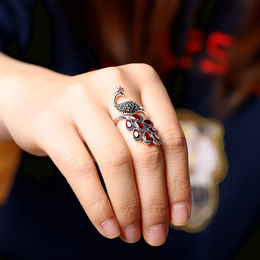 Peacock Pomegranate Silver Ring