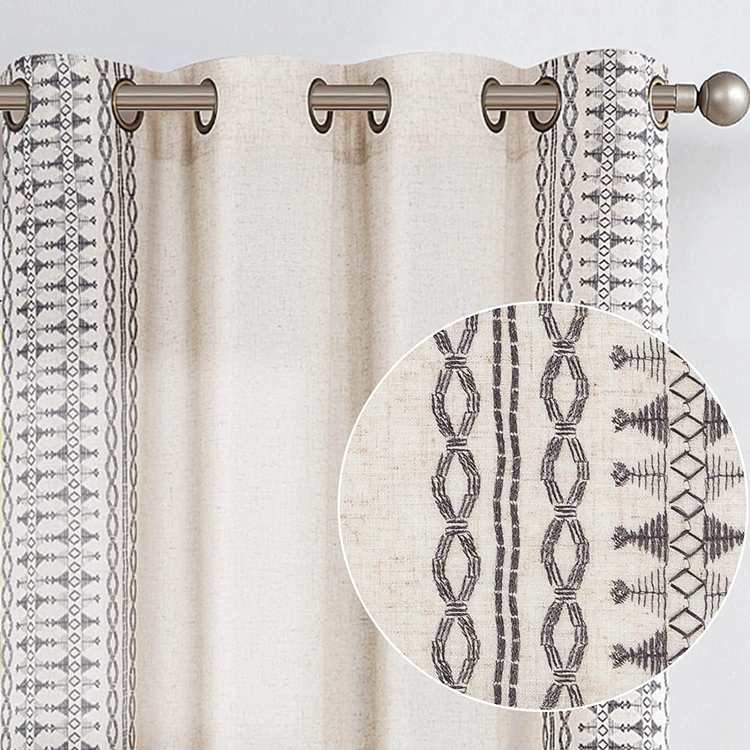 Bordered Boho Curtains Embroidered Drapes 2 Panels - Grey on Beige