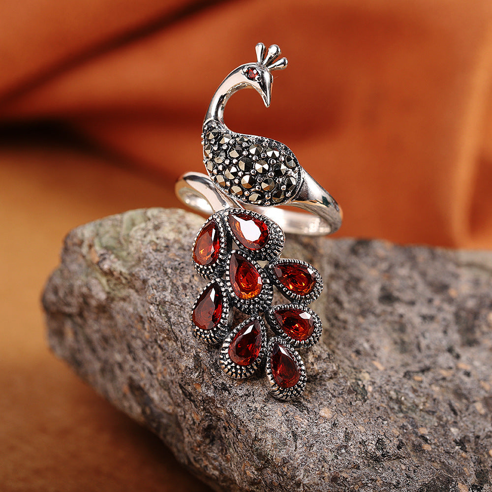 Peacock Pomegranate Silver Ring