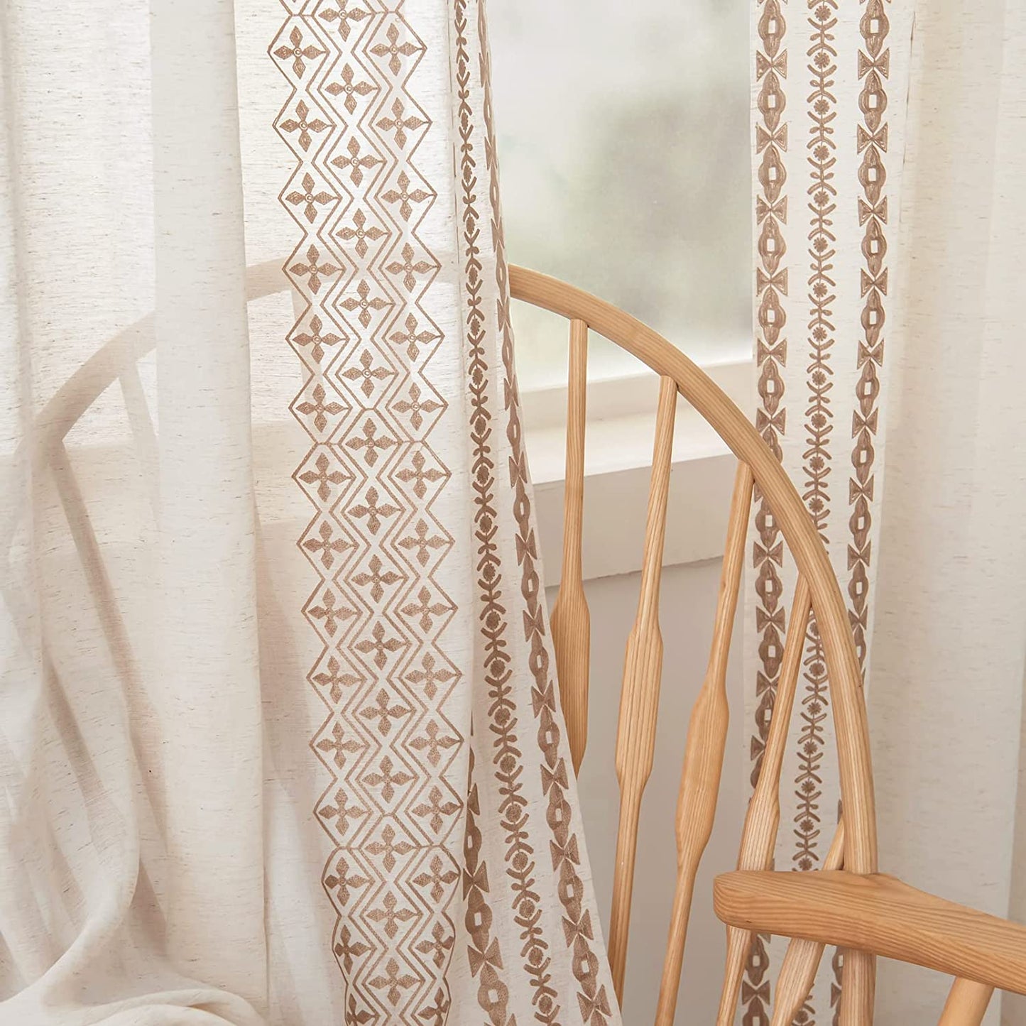 Tan Linen Textured Sheer Drapes 2 Panels - Taupe