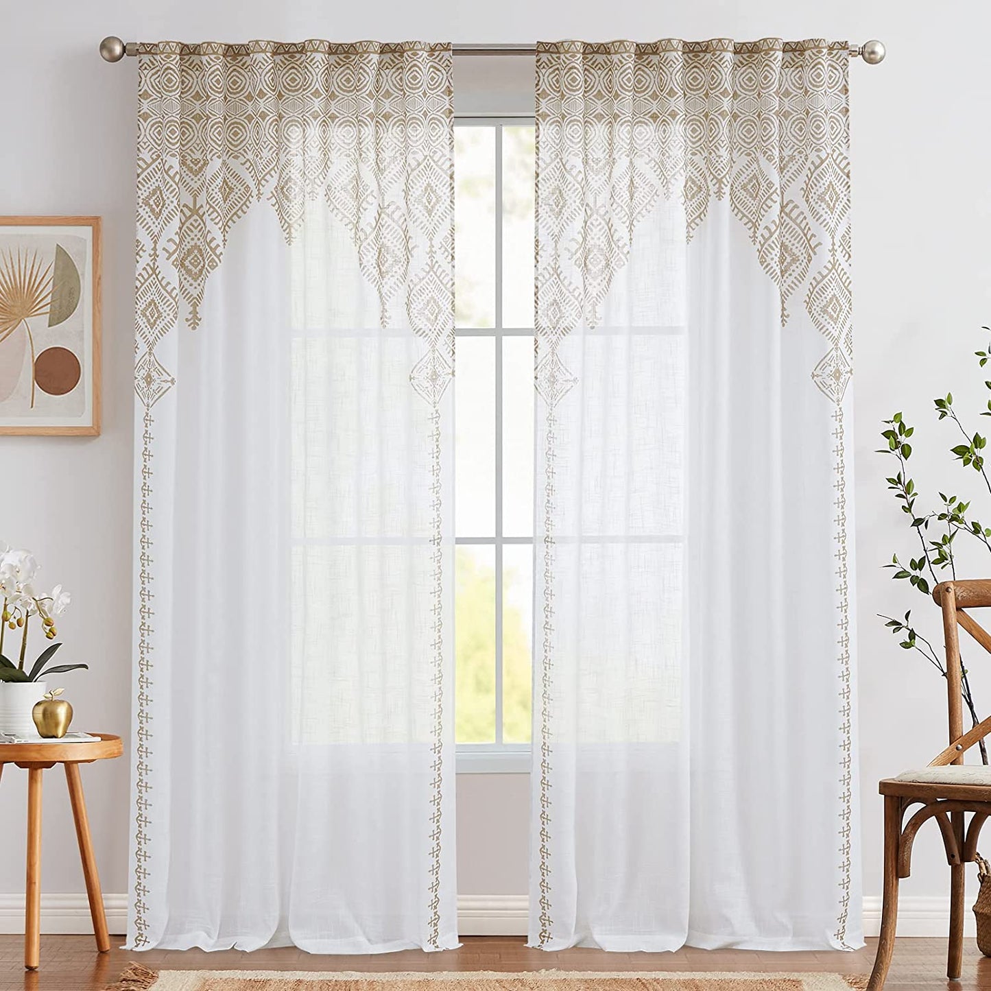 Faux Linen Sheer Curtains - White & Taupe