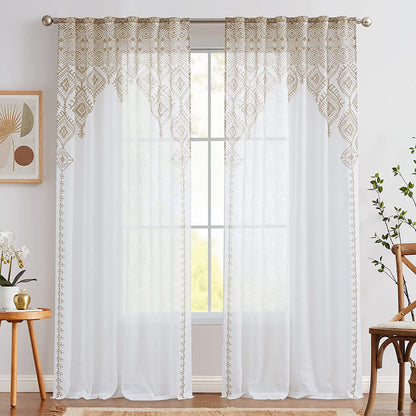 Faux Linen Sheer Curtains - White & Taupe