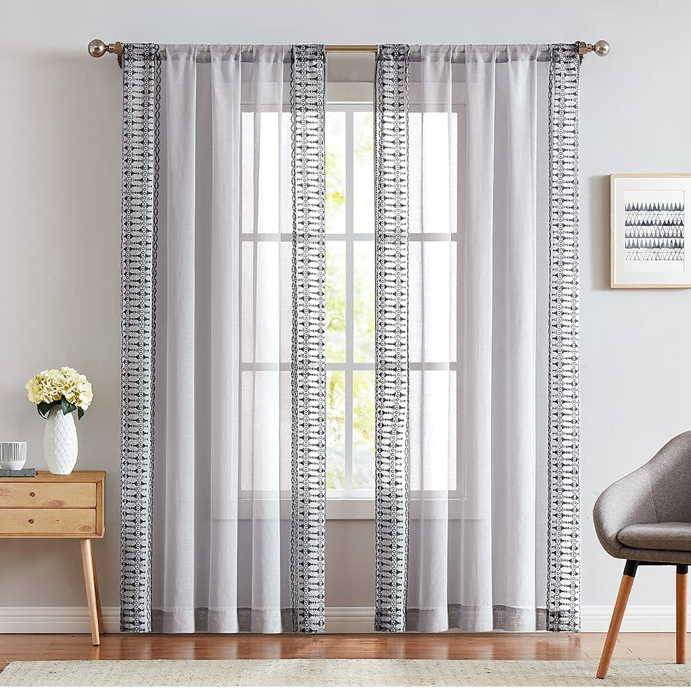 Voile Drapes Long Rod Pocket Curtains 2 Panels - Grey