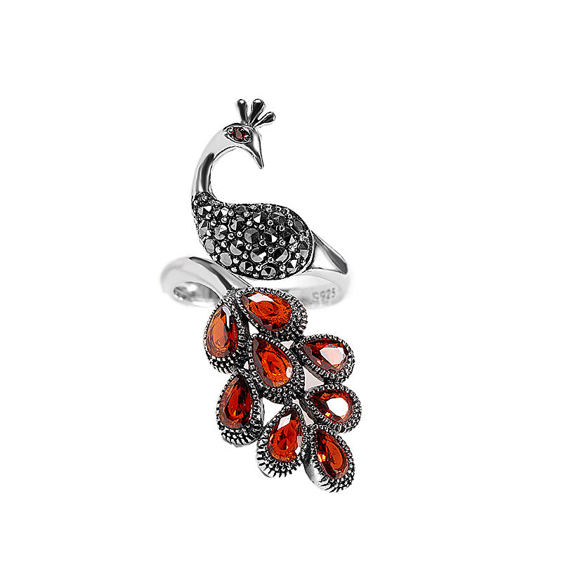 Peacock Pomegranate Silver Ring