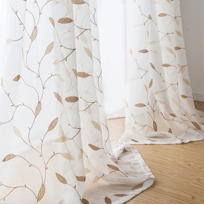 Leaf Embroidery Grommet Sheer Curtains 2 Panels