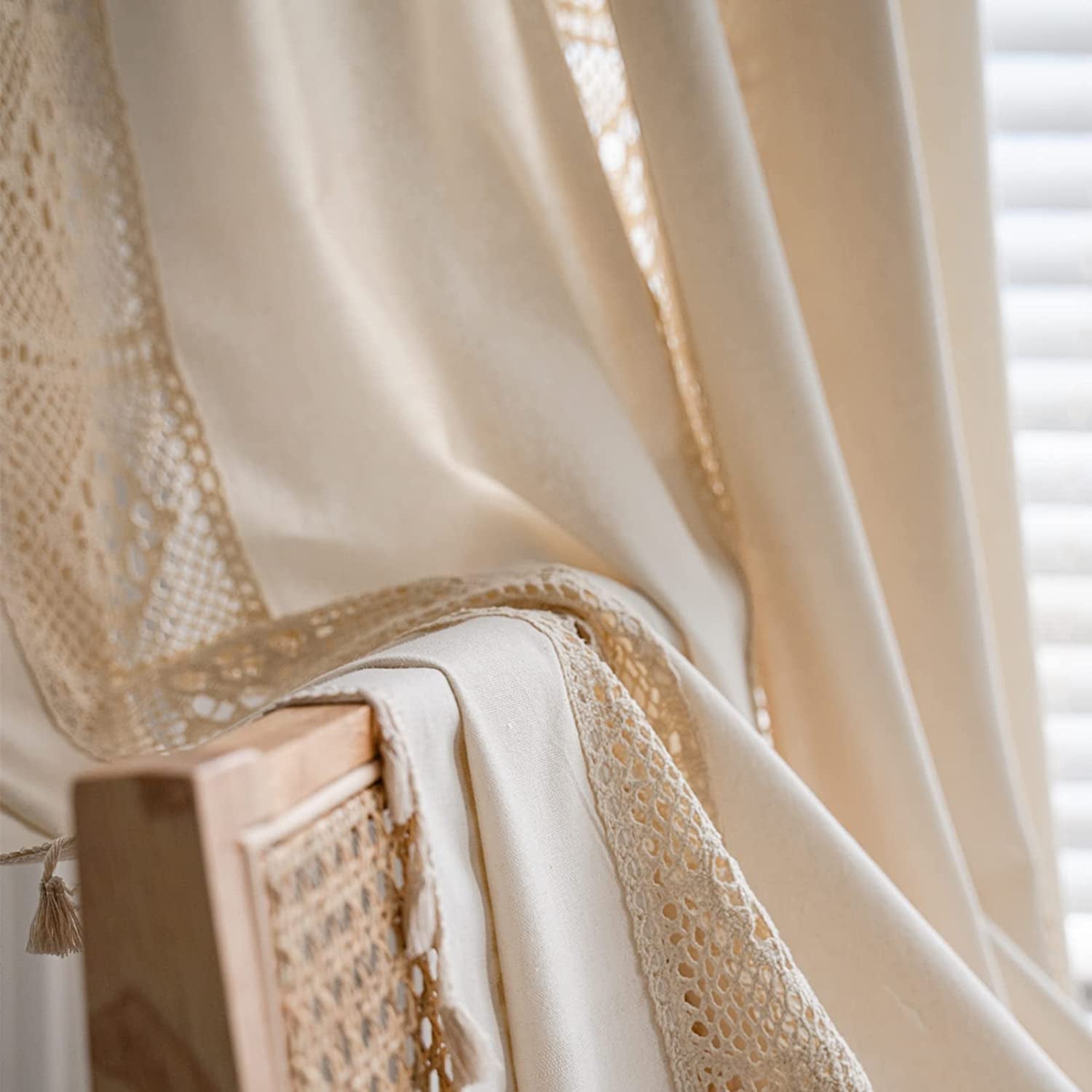 Semi Sheer Crochet Cream Cotton Drape with Macrame Tassels 1 Panel - Beige